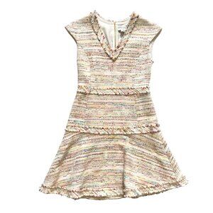 Charlotte Brody Tweed Fit & Flare Dress Womens 0 Cream V-Neck Rainbow Cap Sleeve